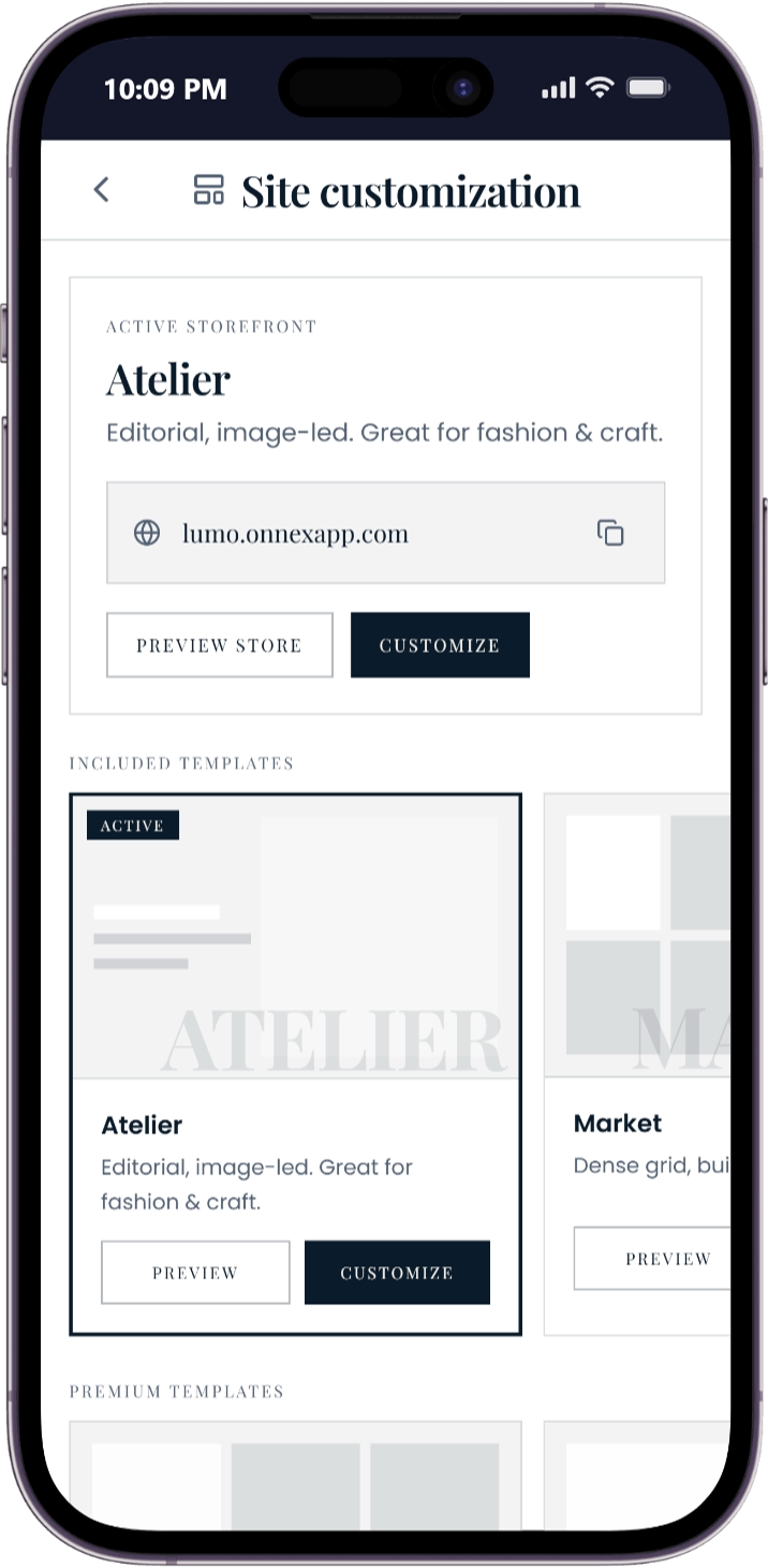 The Pro site customization screen